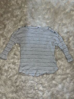 Striped Boatneck Long Sleeve Top with Shoulder Buttons - Light Gray